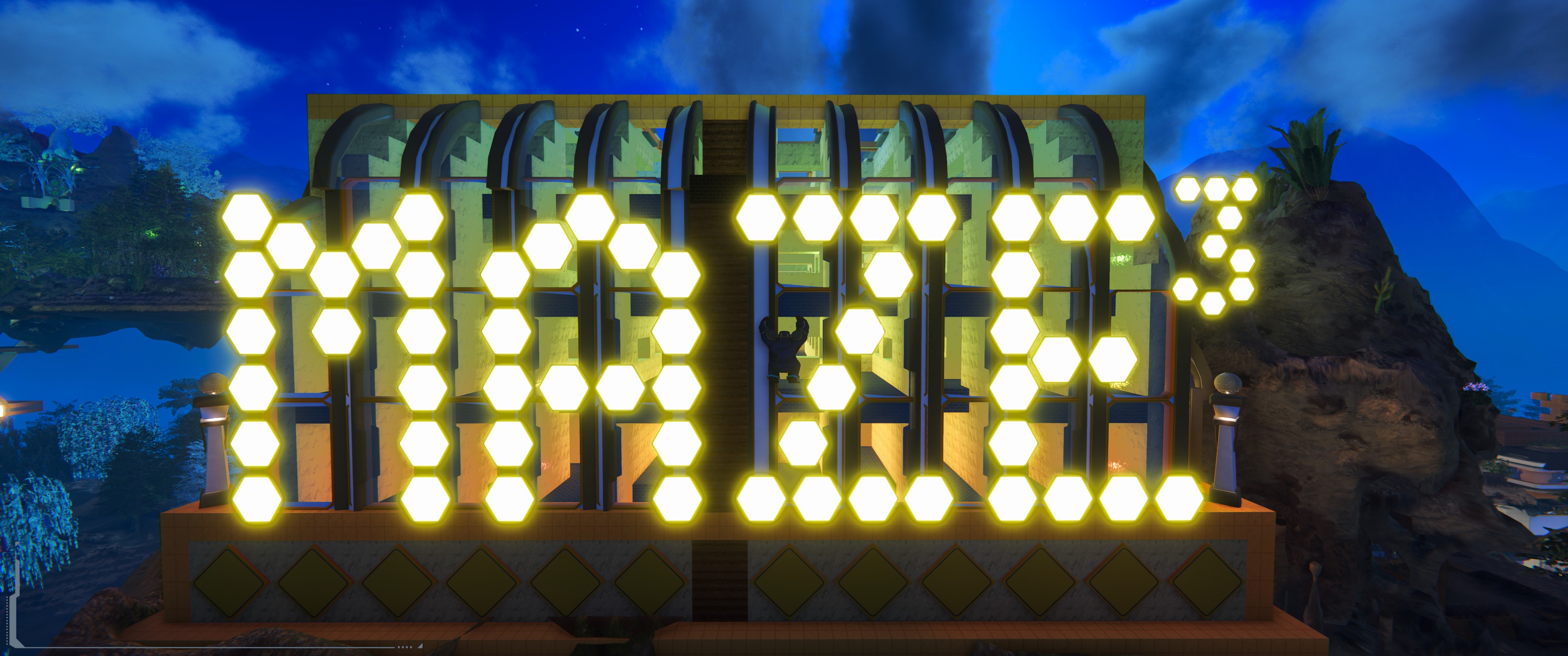 The entrance to hooby’s third maze, marked by large glowing yellow lights spelling MAZE 3.