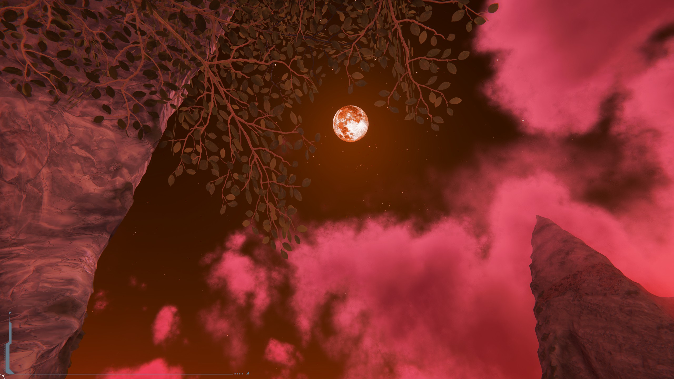 A bright moon framed by tree branches and rocky spires beneath pink clouds in a red sky.