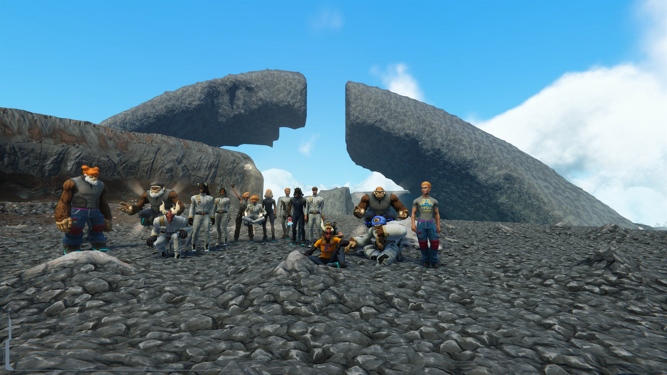 A large group of Wayfarers poses together on rocky ground after the first successful Early Access Maker Hunt.