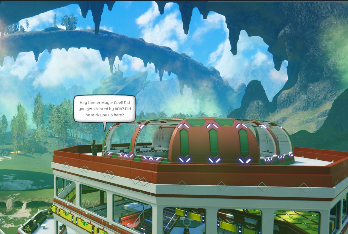 A player-built structure beneath a natural stone arch on Cohufotang II.