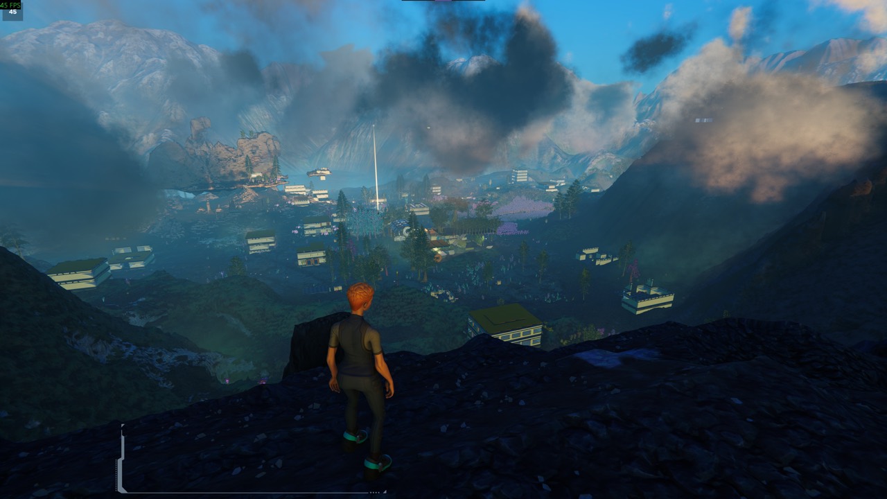 A Wayfarer overlooks a settlement spread through a misty mountain valley.