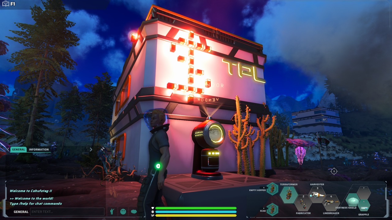 A glowing player-built money sign and kiosk at night in Stars Reach.