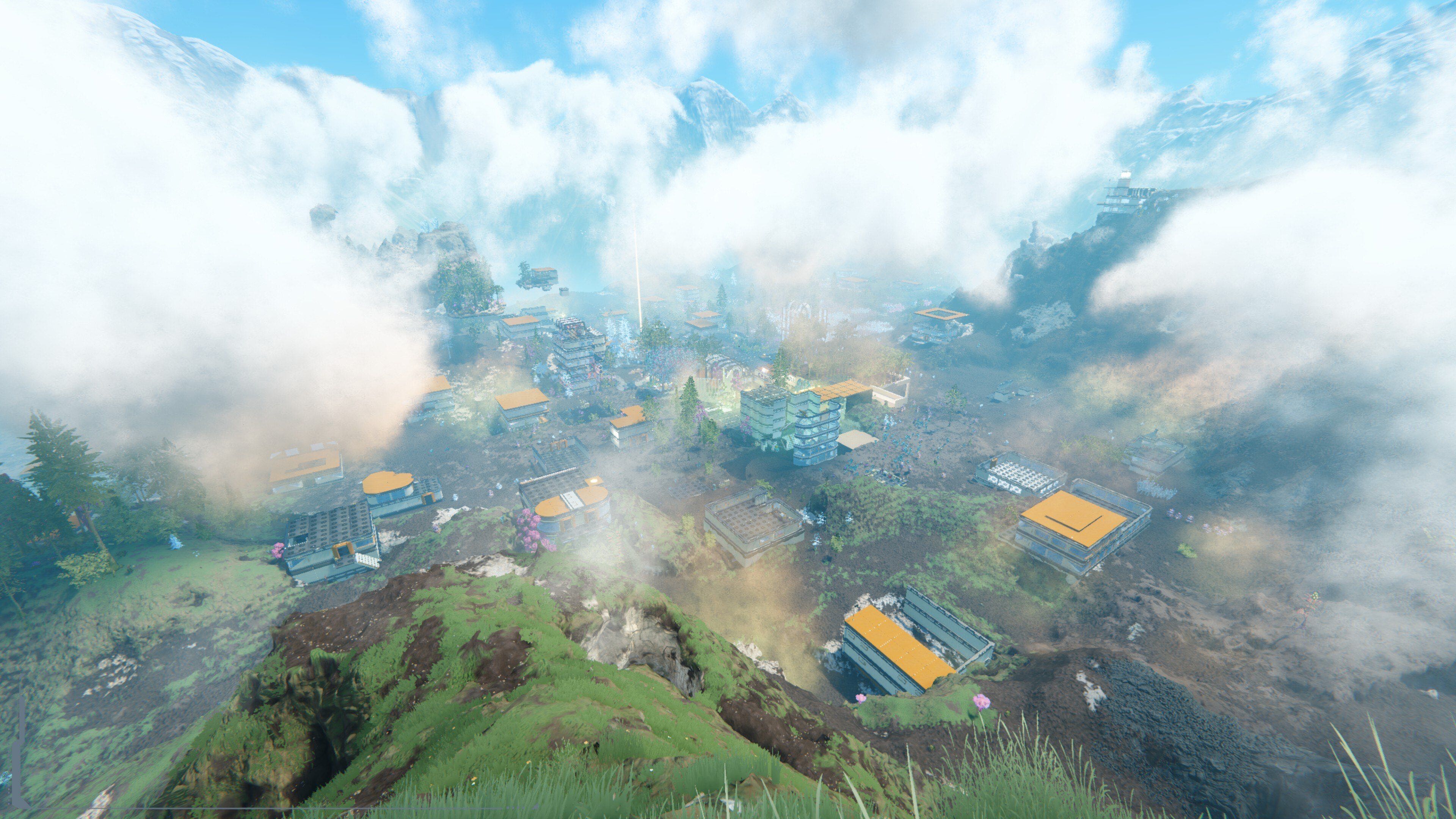 A player settlement with yellow-roofed buildings among mountains and low clouds.