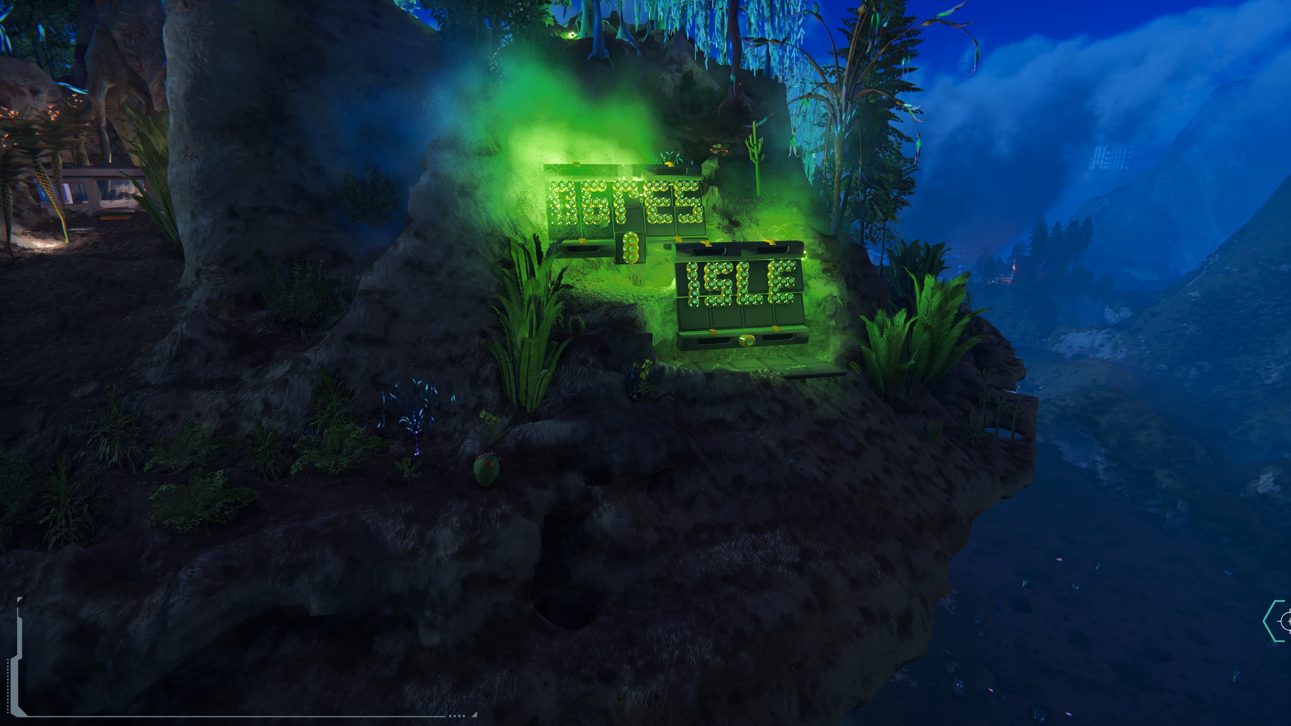 Glowing green player-built signs on a rocky cliff overlooking a blue valley at night.