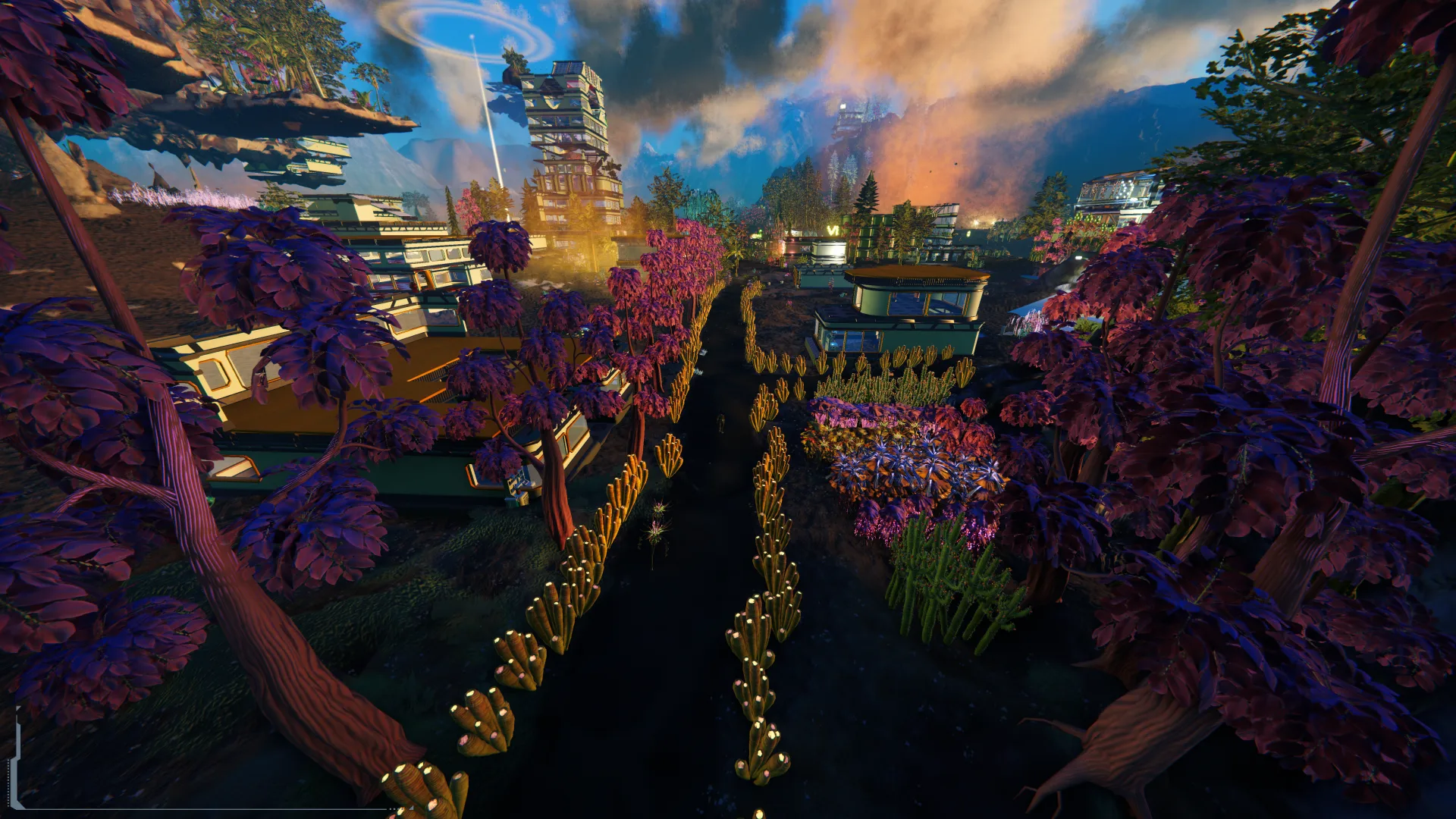A player-built settlement surrounded by purple trees, golden plants, and drifting clouds.