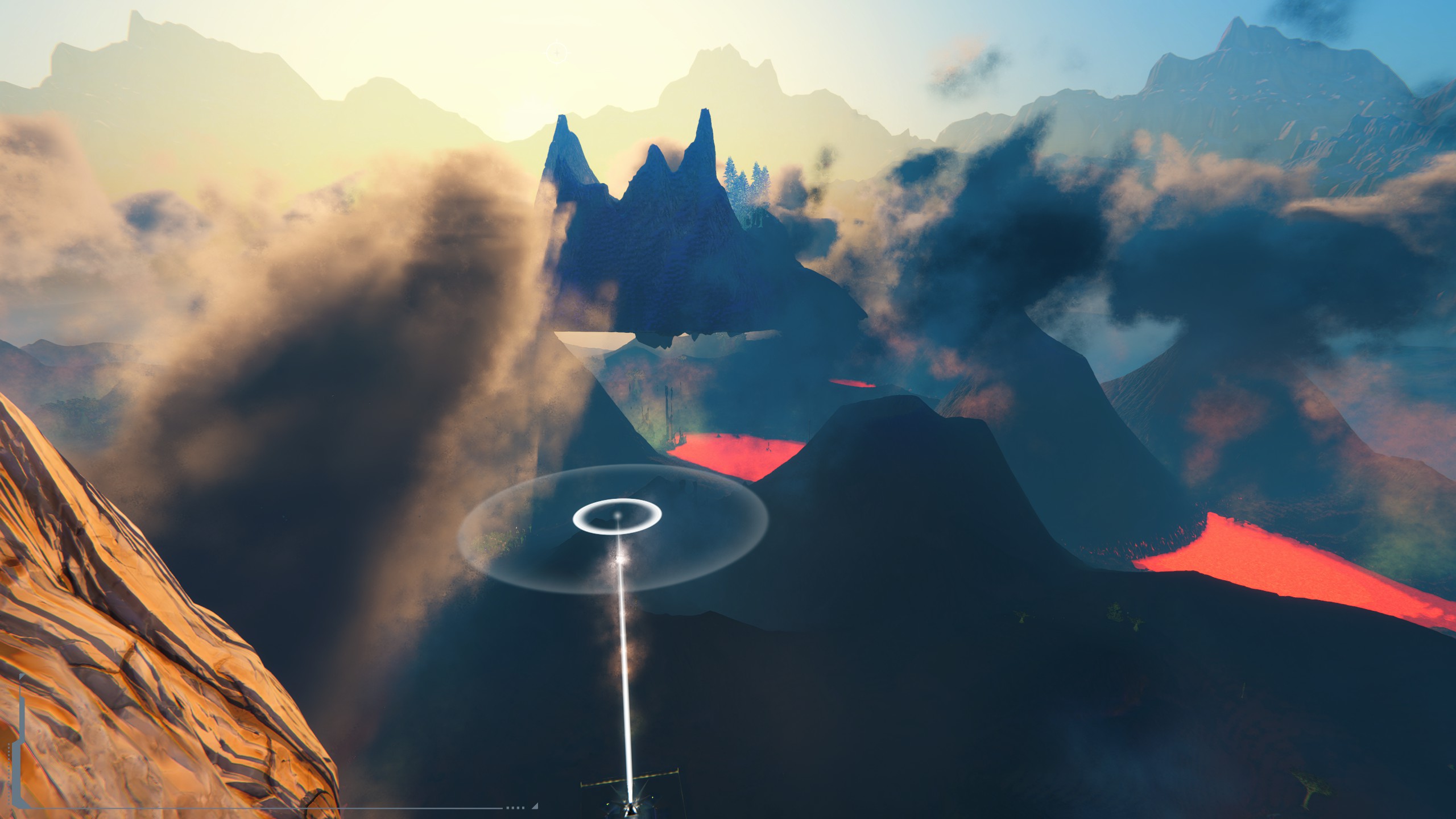 Clouds drift around jagged mountains above glowing lava, with a bright ring and beam in the valley.