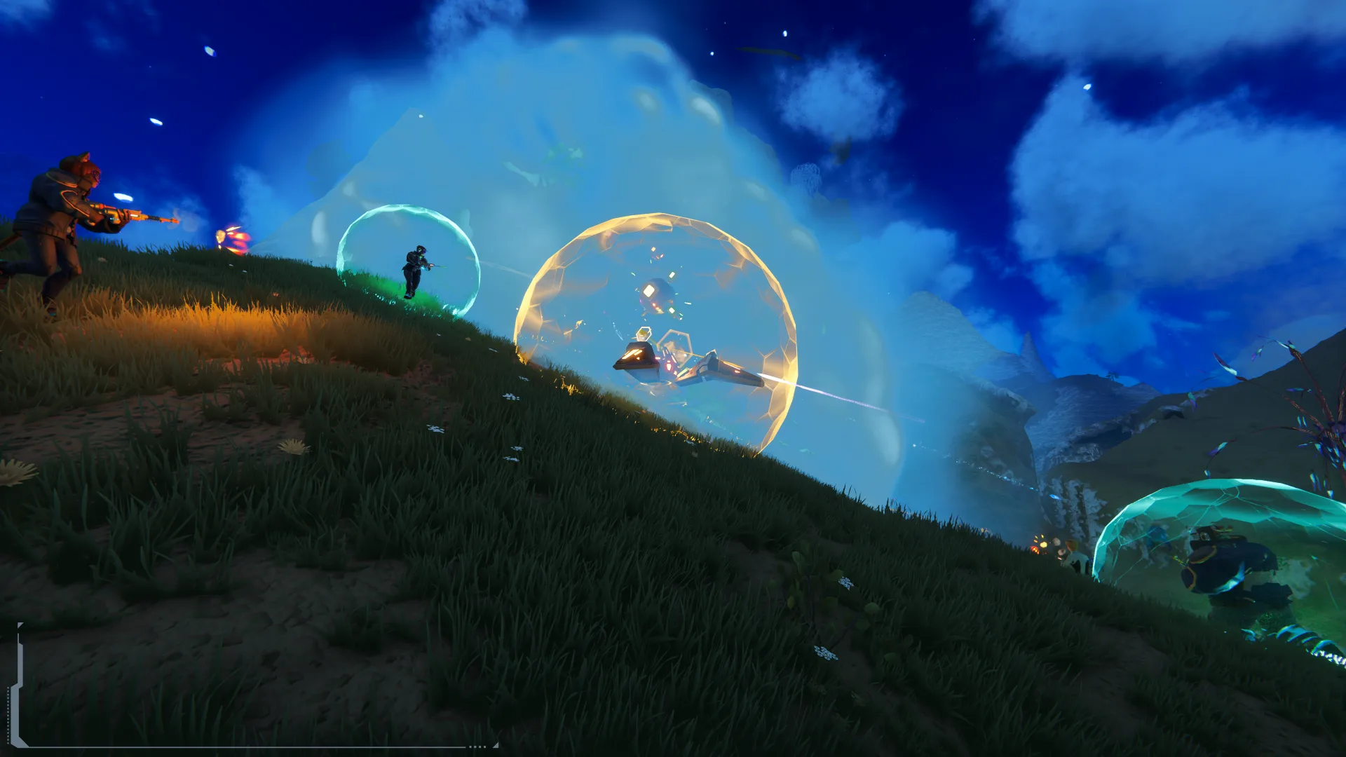 Players battle on a grassy slope beneath blue clouds, surrounded by glowing energy shields.