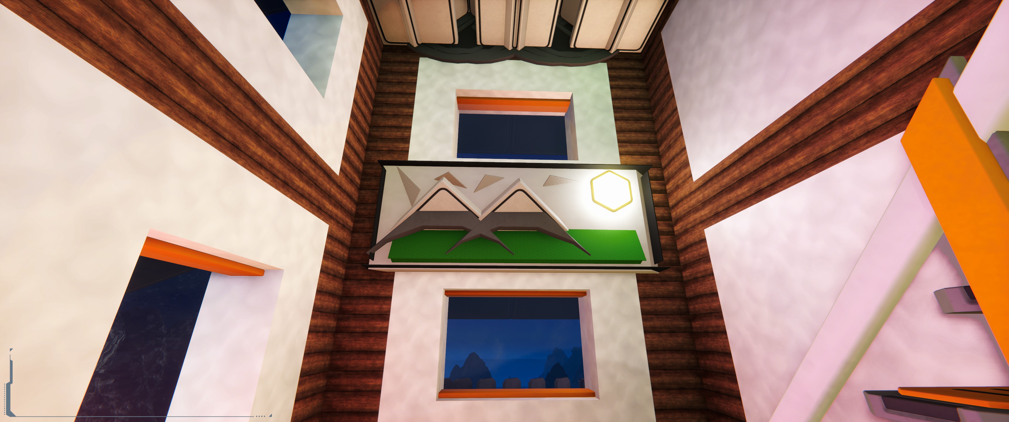 A player-built mountain-and-sun wall display inside a wood-trimmed building.