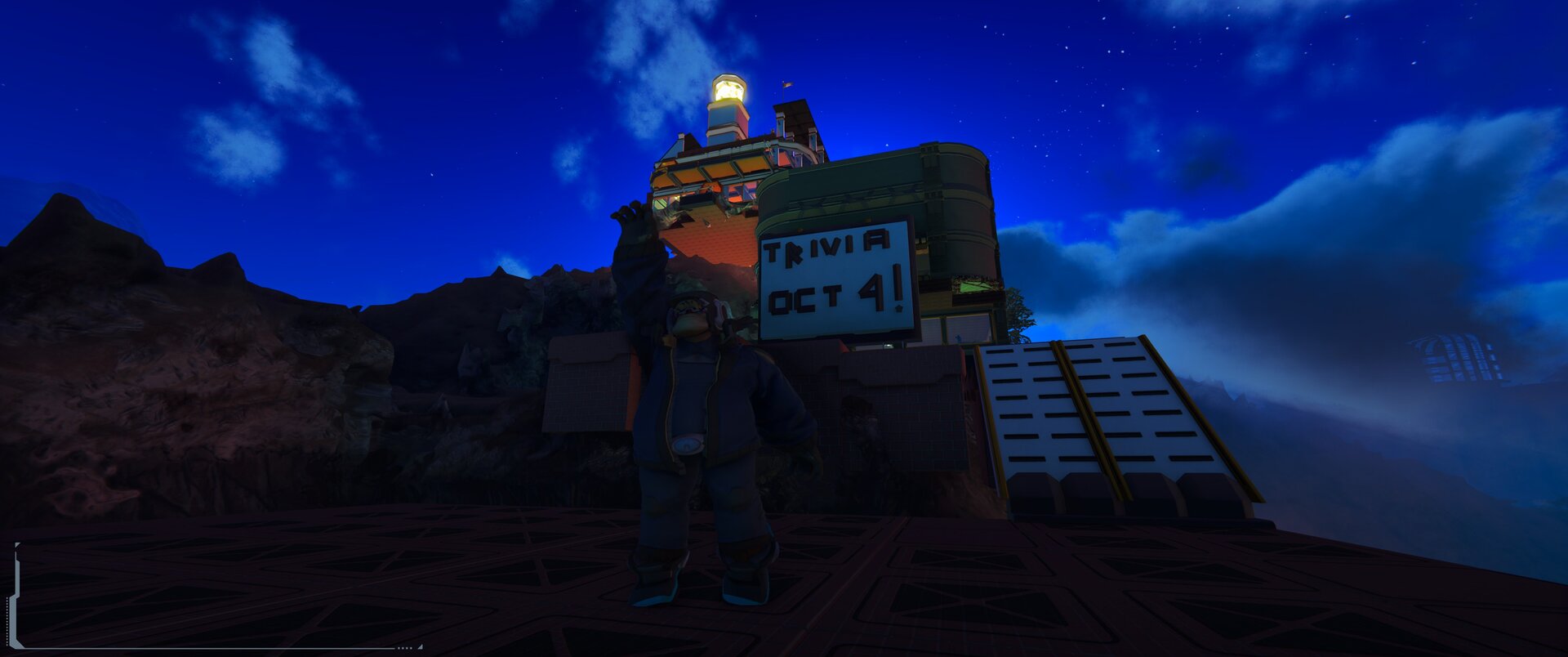 A Wayfarer poses beneath a player-built tower and a sign advertising trivia on October 4, under a blue night sky.